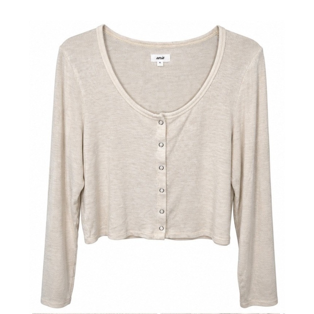 Aerie Womens XL Cropped Cardigan Oatmeal Beige Ribbed Knit Long Sleeve Button Up